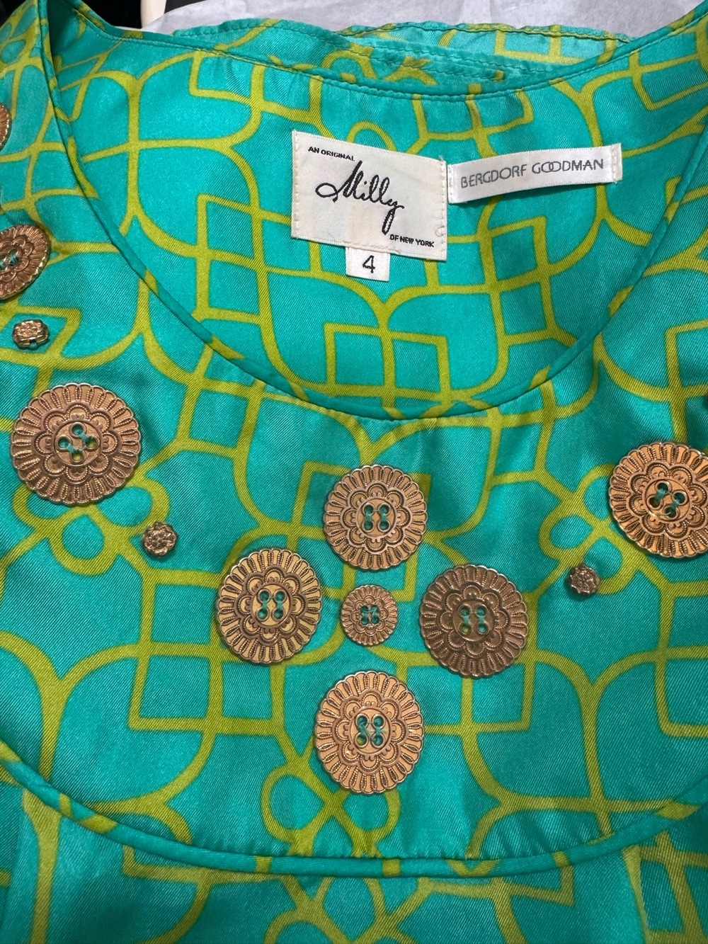 Milly Bergdorf Turquoise & Lime Geometric Tank Blouse; Gold Neckline